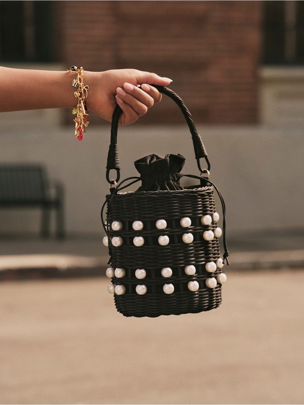 kate spade Black Woven Pearl-Embellished Bucket Bag NWT